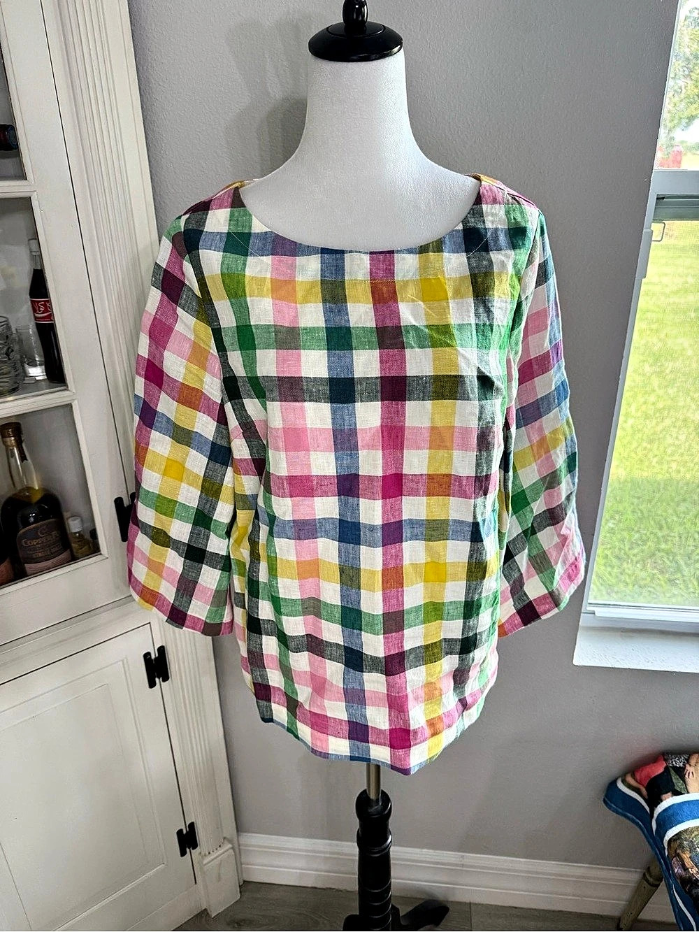 Boden Plaid Linen Blend Blouse in Multicolor Size 10 Like New